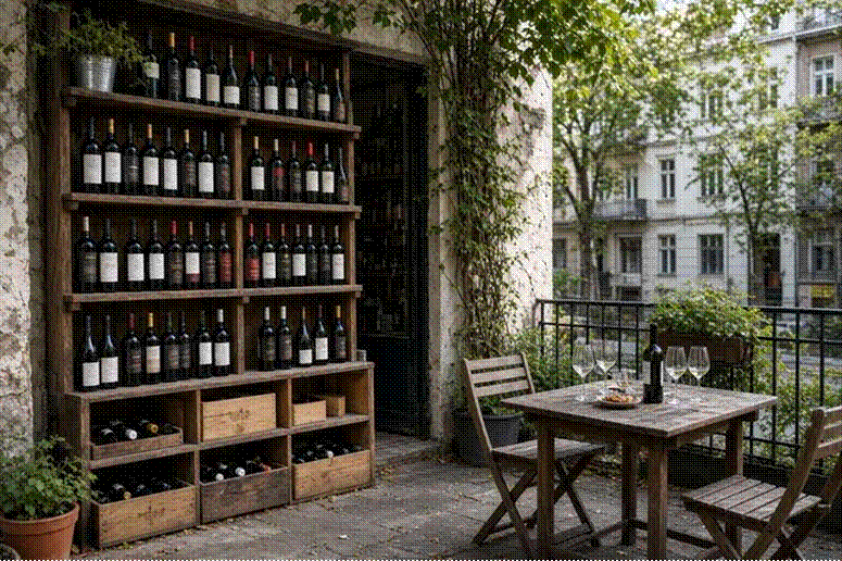 Cím: Tasting table beside a neighbourhood wine wall – Onlinebor.hu pairing – leírás: Tasting table beside a neighbourhood wine wall – Onlinebor.hu pairing